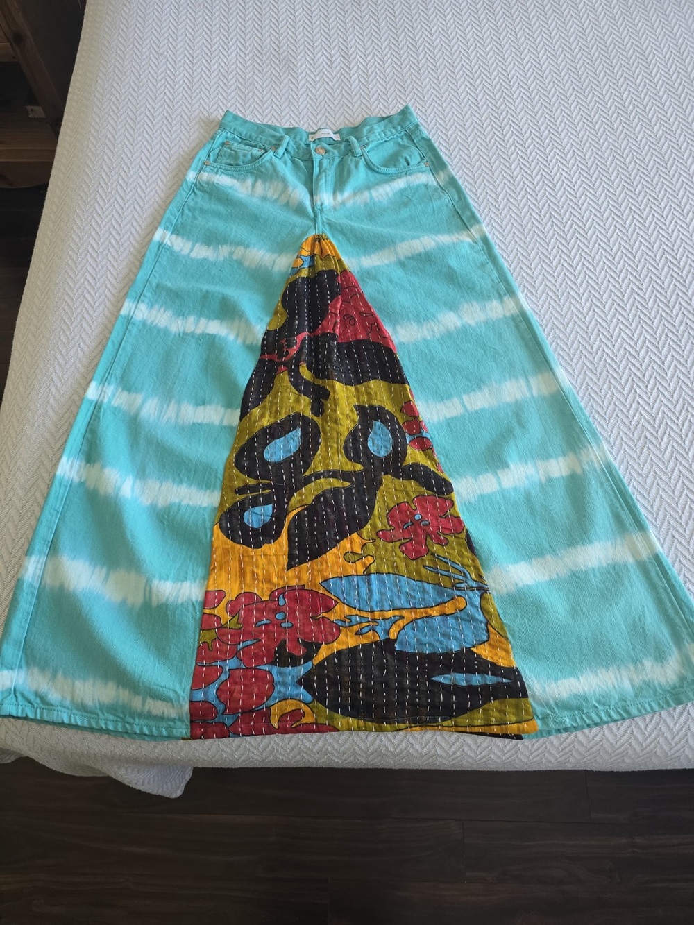 Turquoise Tie-Dye Maxi Skirt with Colorful Center Panel